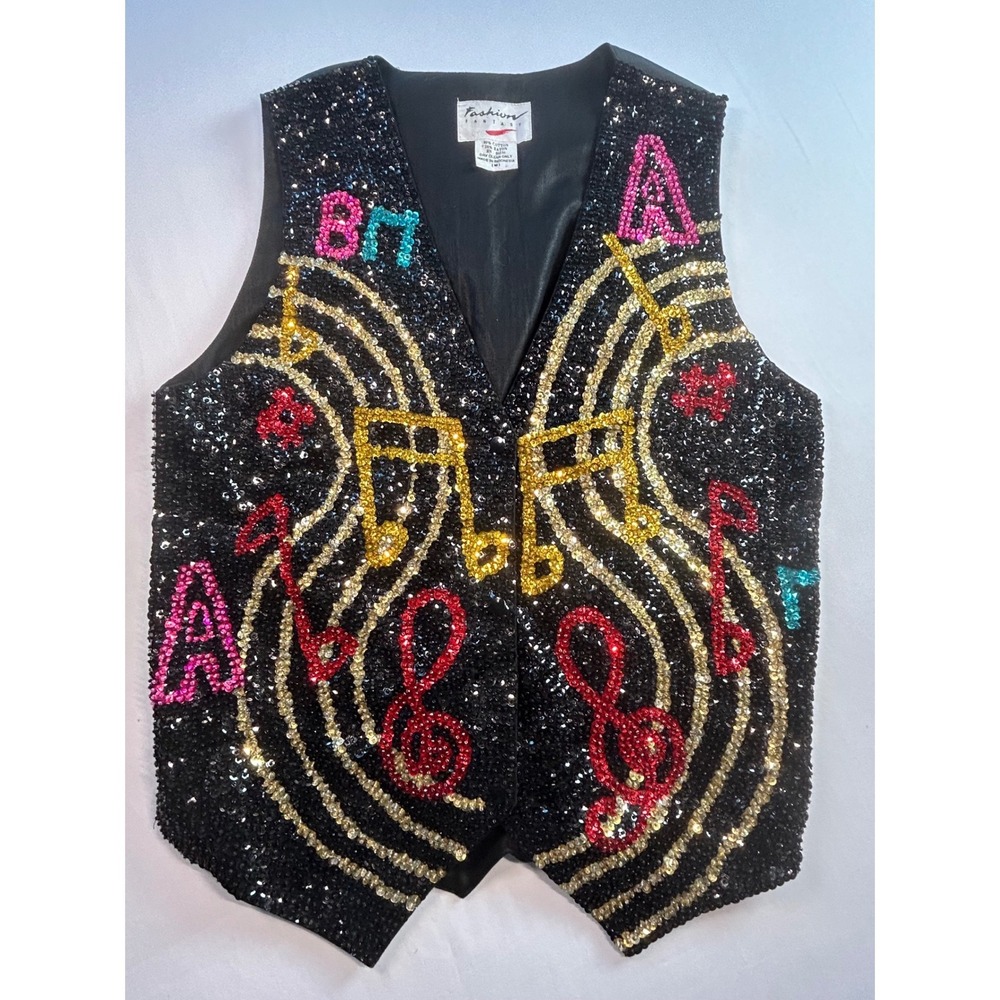 Vintage Fashion Fantasy Sequin Vest Medium Musical Notes Hand Beaded Snap Front